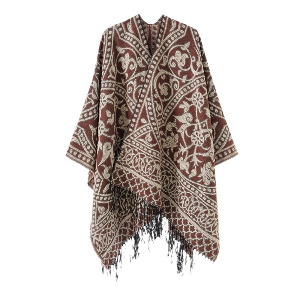 Damen Jacquard-Überwurf mit orientalischem Ornamentmuster und Fransensaum Drune