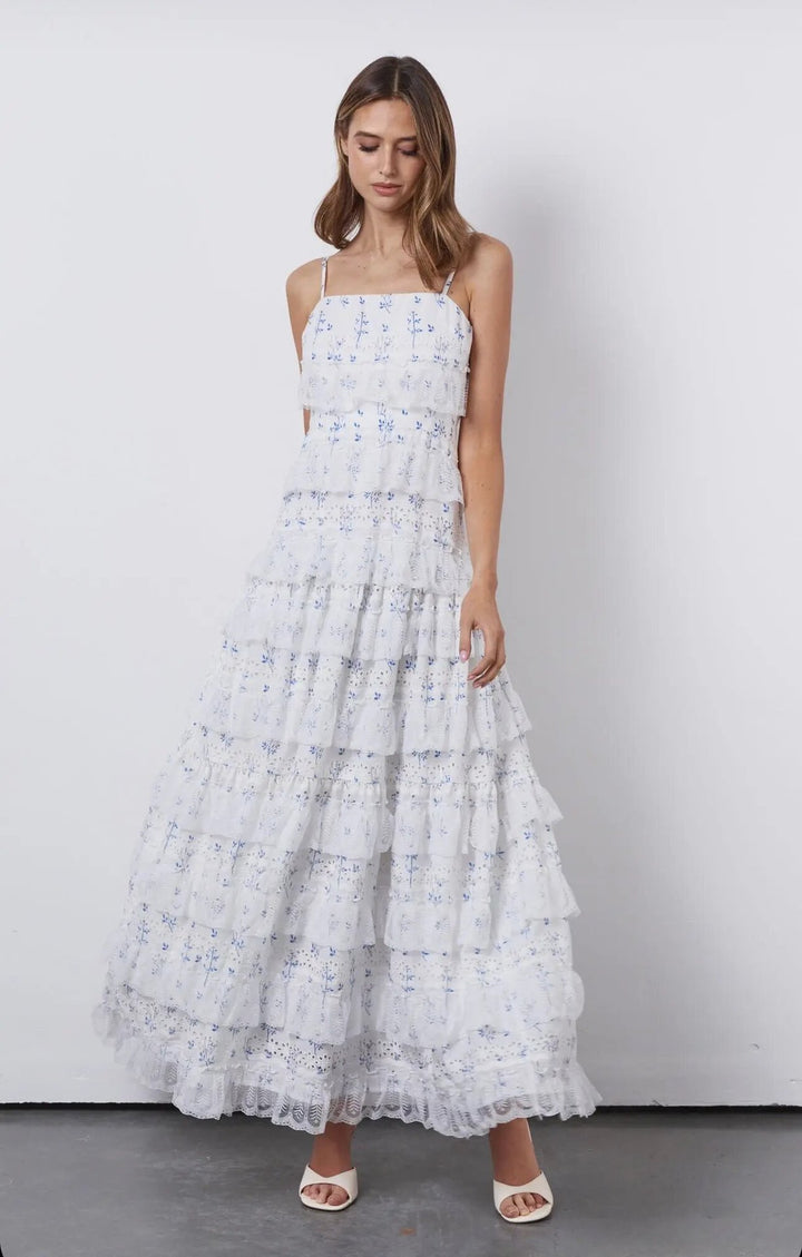 Damen Maxikleid mit floralen Rüschendetails und Spaghettiträgern Drune
