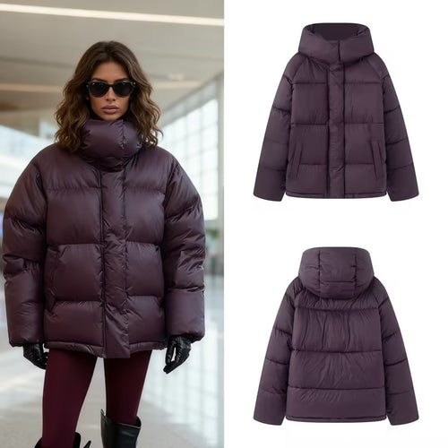 Damen Boxy Steppjacke mit hohem Kragen, Kapuze und verdeckter Verschluss Drune