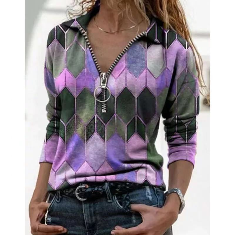 Damen Zip-Pullover mit Polokragen, grafischem Rautenprint und schmaler Passform Drune