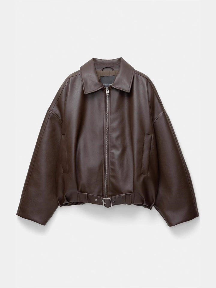 Damen lässige Kunstlederjacke mit breitem Kragen und Gürtel Drune