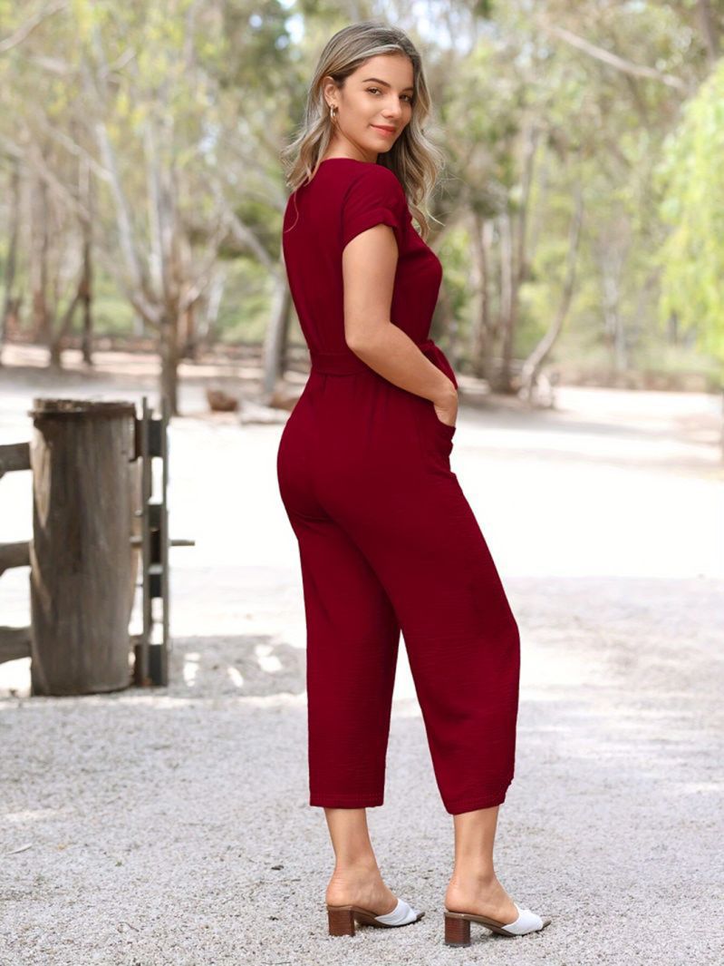 Damen Eleganter Jumpsuit mit weitem Bein und Taillenknoten Drune