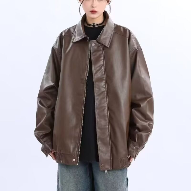 Damen Oversized Kunstleder-Blouson mit elastischem Saum und Hemdkragen Drune