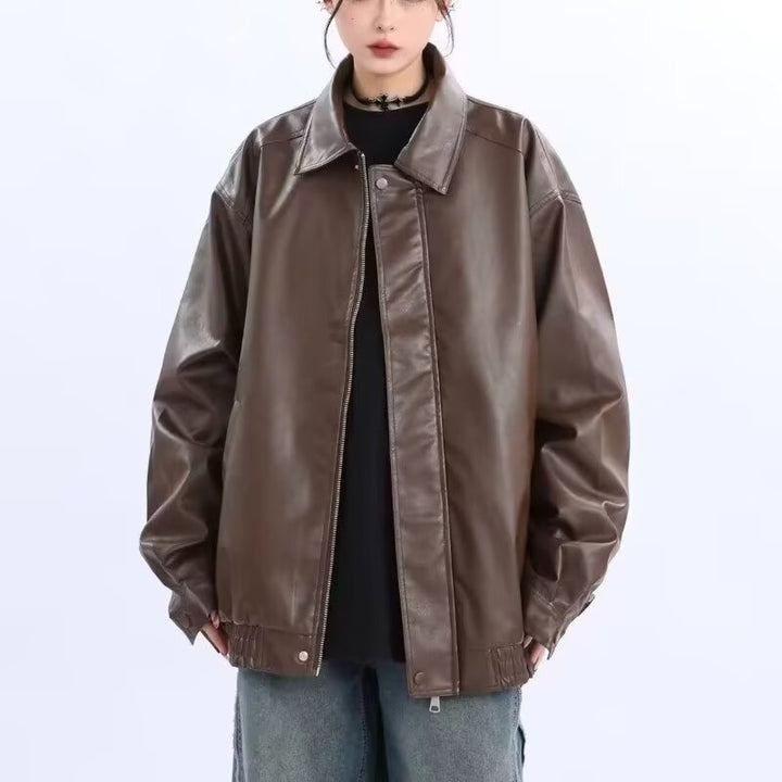 Damen Oversized Kunstleder-Blouson mit elastischem Saum und Hemdkragen Drune
