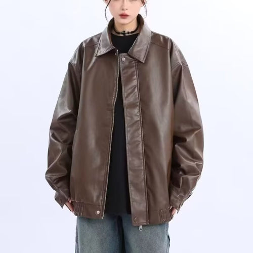 Damen Oversized Kunstleder-Blouson mit elastischem Saum und Hemdkragen Drune