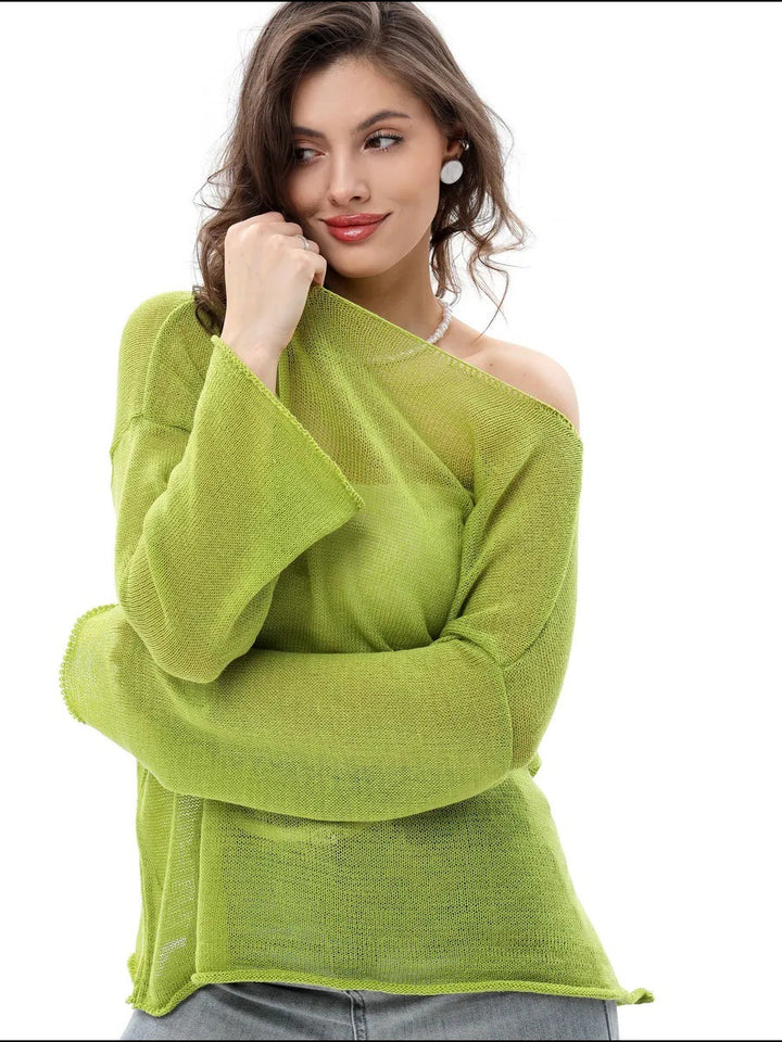 Damen luftiger Off-Shoulder Pullover mit weitem Schnitt aus feiner Strickqualität Drune