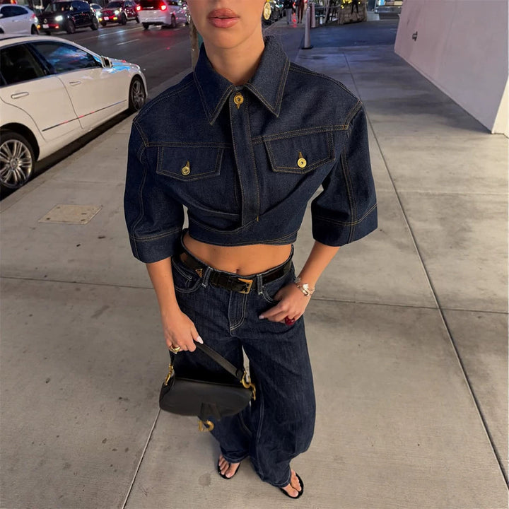 Damen Cropped-Jeansjacke mit kastiger Silhouette, Pattentaschen und verkürzter Taillenlinie Drune