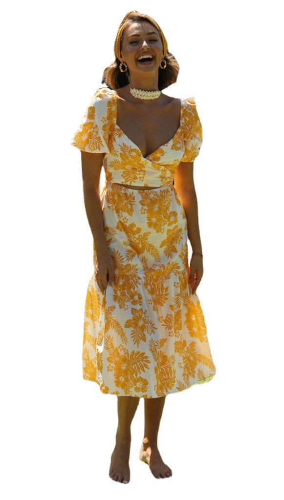 Damen Midi Kleid mit Wasserfall-Ausschnitt und floralen Details Drune
