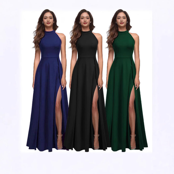 Damen Maxikleid mit hohem Kragen und seitlichem Schlitz Drune