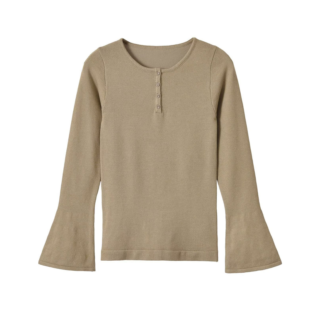 Damen Feinstrick-Longsleeve mit Henley-Knopfleiste und ausgestellten Trompetenärmeln Drune