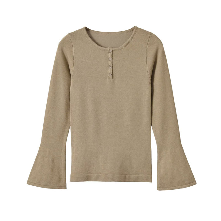 Damen Feinstrick-Longsleeve mit Henley-Knopfleiste und ausgestellten Trompetenärmeln Drune