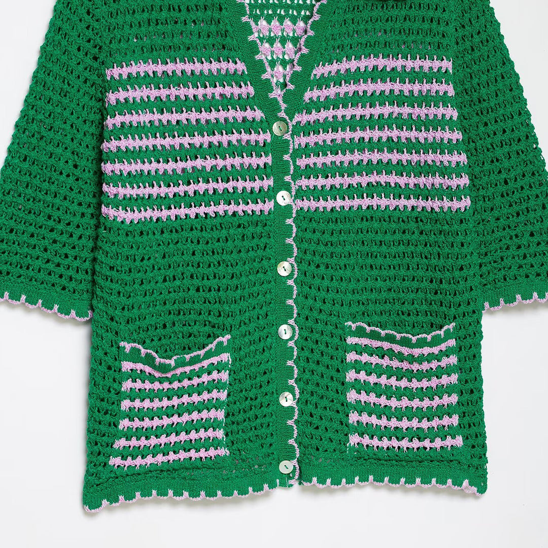 Damen Häkelstrickjacke mit kurzem Arm, Knopfleiste und Vintage-Kragen Drune