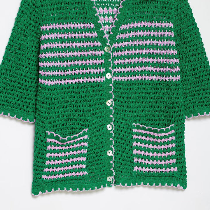 Damen Häkelstrickjacke mit kurzem Arm, Knopfleiste und Vintage-Kragen Drune