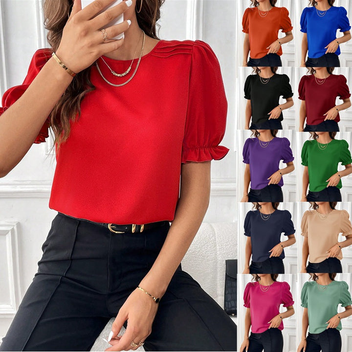 Damen Elegante Chiffonbluse mit Puffärmeln und dekorativen Schulterfalten Drune