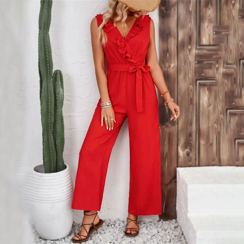 Damen eleganter Jumpsuit mit Rüschendetails und Taillengürtel Drune