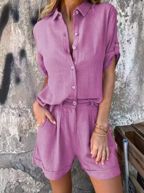 Damen Elegantes Kurzarm-Jumpsuit aus atmungsaktivem Stoff mit praktischen Taschen Drune
