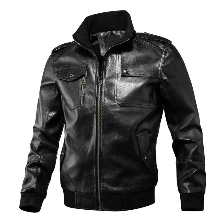 Herren Kunstleder-Flightjacke mit Brust- und Reißverschlusstaschen, Stehkragen und Rippbündchen Drune