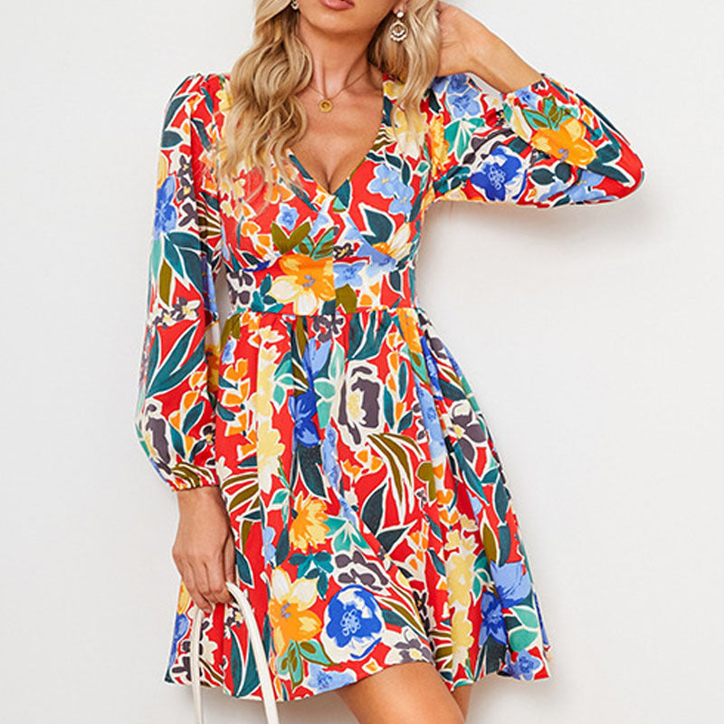Damen elegantes Maxikleid mit floralem Design und weitem Rock Drune