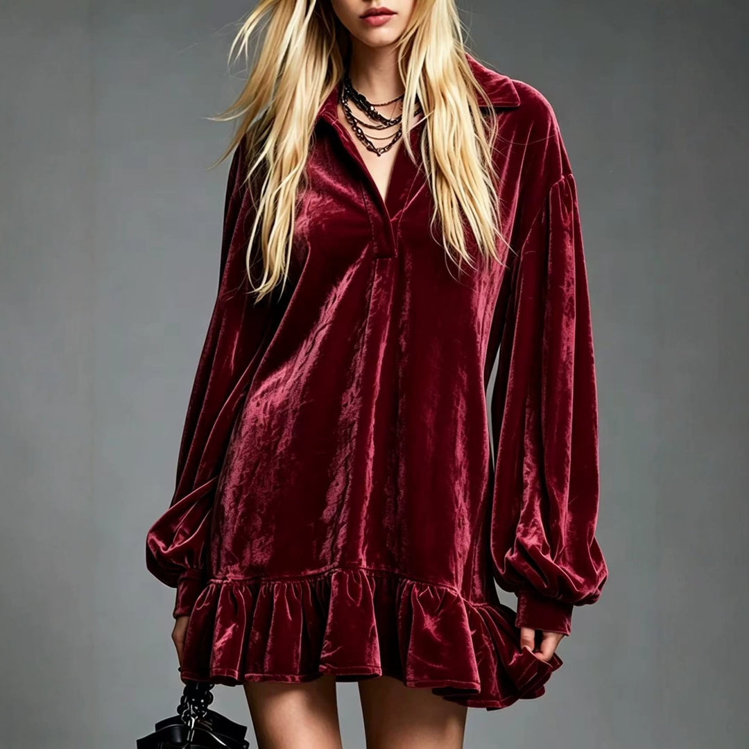 Damen Samt-Minikleid mit Volant-Saum, Ballonärmeln und Hemdkragen Drune