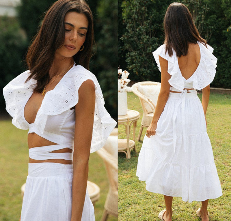 Damen ausgestelltes Sommerkleid mit dekorativem Rüschenkragen und Rückenschnürung Drune
