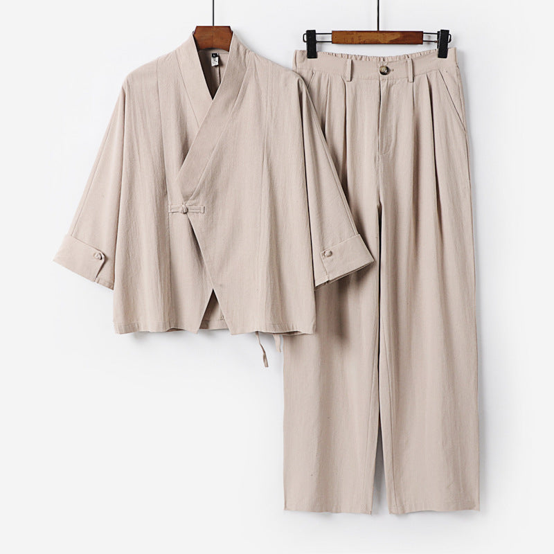 Herren Modernes Zen-Loungewear-Set aus Leichtem Material mit Kurz-Kimono und tailliert-zulaufender Bundhose Drune