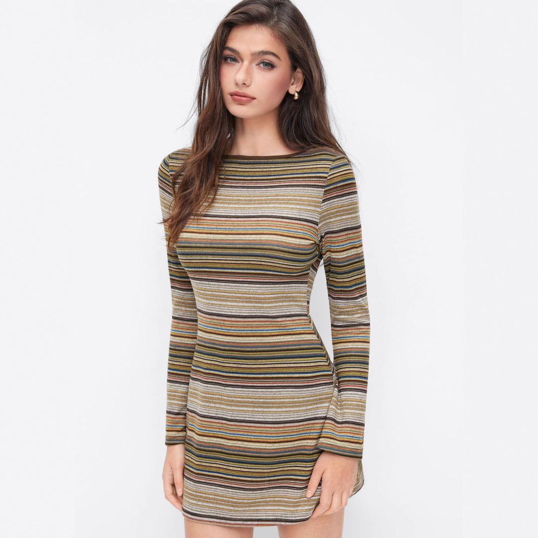 Damen Gestreiftes Feinstrick-Minikleid mit taillierter Silhouette und langen Ärmeln Drune