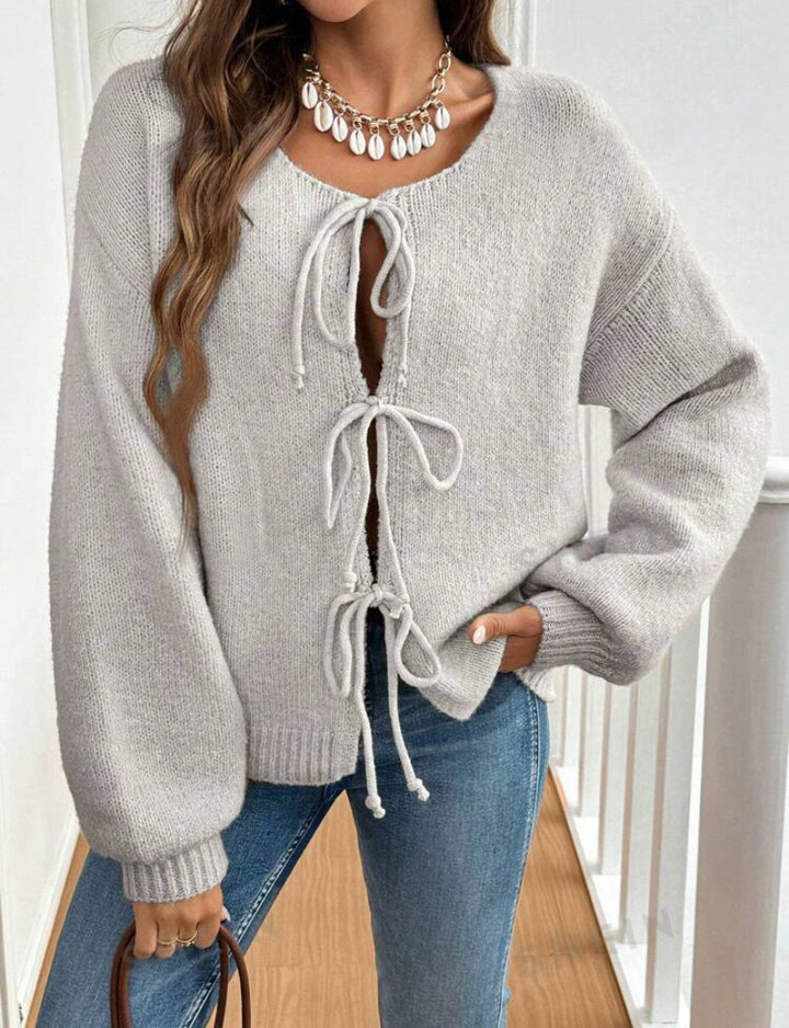 Damen Kurzcardigan mit Bindebändern, Oversize‑Silhouette und Ballonärmeln Drune