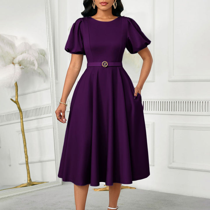 Damen Midi-Kleid mit Puffärmeln und tailliertem Gürtel Drune