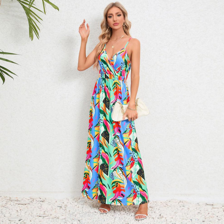 Damen Maxikleid mit zartem V-Ausschnitt und buntem Pflanzenmuster Drune