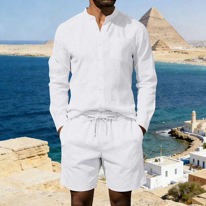 Herren nan sommerliches Leinen-Set mit Stehkragenhemd und Kordelzug-Kurzhose Drune