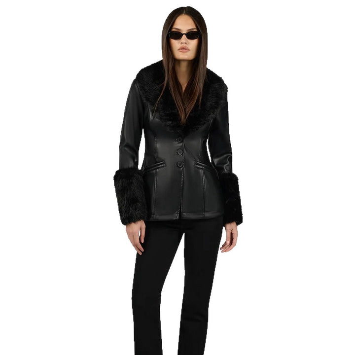 Damen Taillierter Lederimitat-Midimantel mit Wiener Nähten, voluminösem Faux‑Fur‑Schalkragen & Fellmanschetten Drune