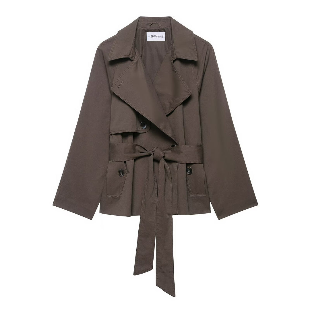 Damen 300+ kurzer Cropped‑Trenchblouson mit weiten Revers, Bindegürtel und Pattentaschen Drune