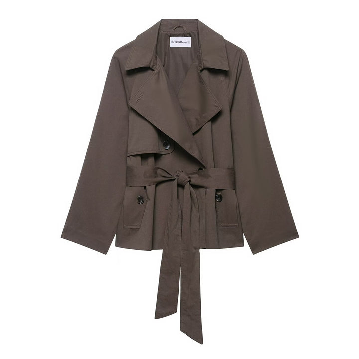 Damen 300+ kurzer Cropped‑Trenchblouson mit weiten Revers, Bindegürtel und Pattentaschen Drune