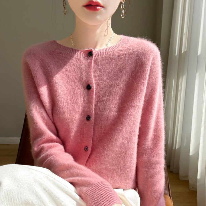 Damen Kurzgeschnittener Feinstrick-Cardigan mit Rundhalsausschnitt und schimmernder Knopfleiste Drune