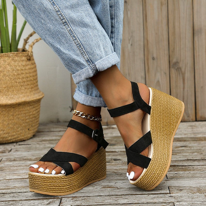 Damen Keil-Sandalen mit modischem Überkreuzriemen und rutschfester Sohle Drune