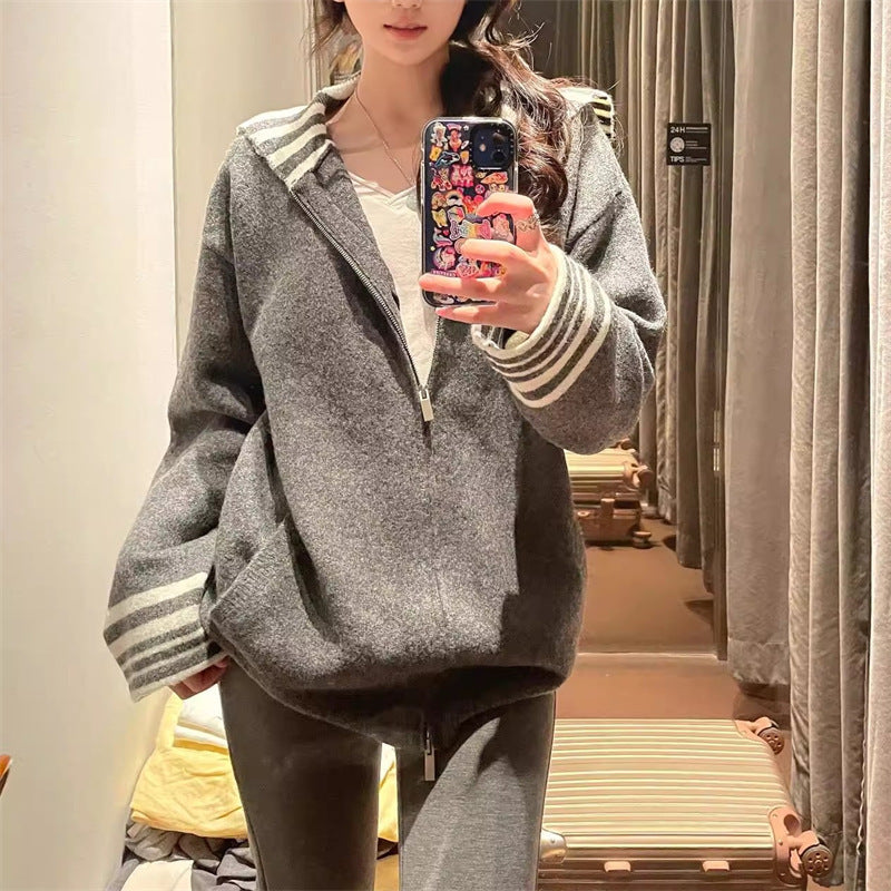 Damen modischer Casual Cardigan mit gestreiften Ärmelabschlüssen Drune