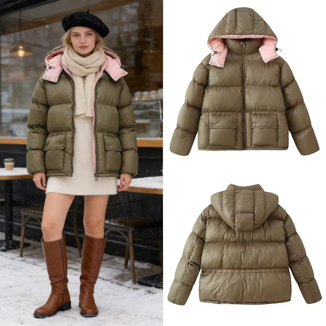 Damen Gefütterte Steppjacke mit XXL‑Kapuze und aufgesetzten Pattentaschen Drune