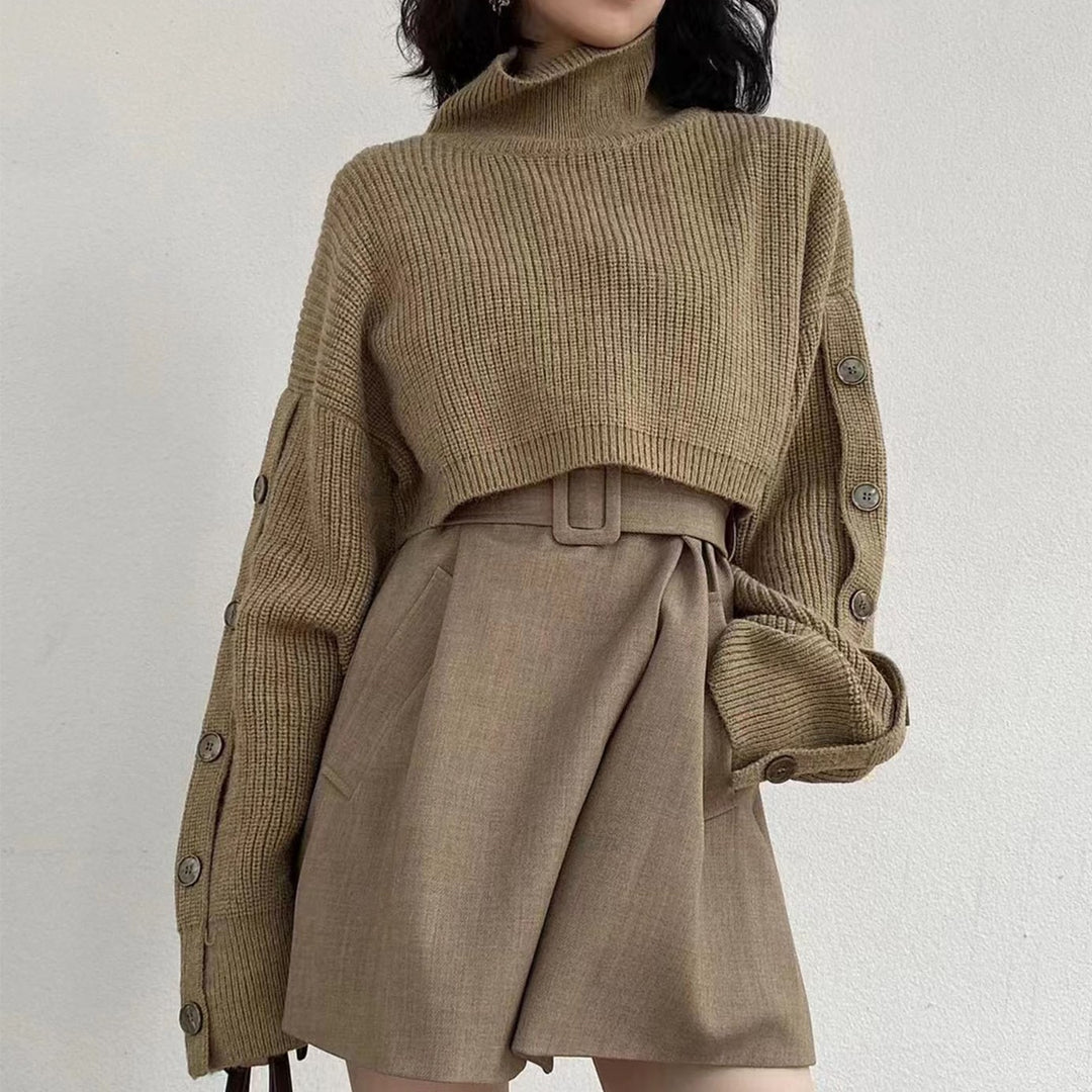 Damen Kurzgeschnittener Rollkragen-Bolero-Überwurf mit langen Ärmelknöpfen Drune