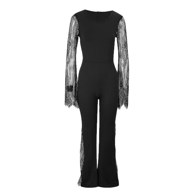 Damen Eleganter Jumpsuit mit schimmernder Spitze und weitem Bein Drune