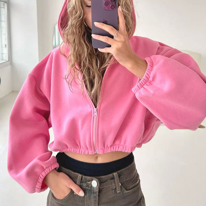 Damen kurzes Oversize-Kapuzen-Sweatshirt mit Reißverschluss, Ballonärmeln und elastischem Saum Drune