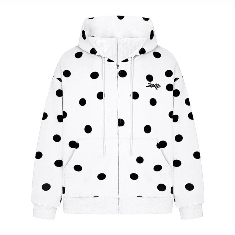 Damen Kapuzen-Sweatjacke mit durchgehendem Reißverschluss, Oversize-Schnitt und Polka-Dot-Print Drune