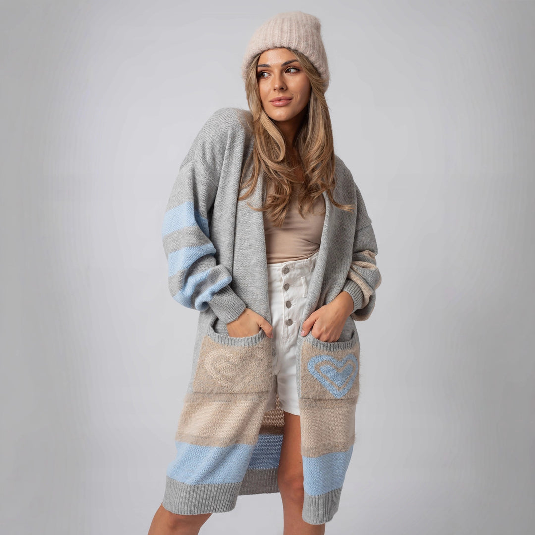 Damen Langärmliger Strickcardigan mit herzförmigen Taschen und modernem Farbblocking Drune