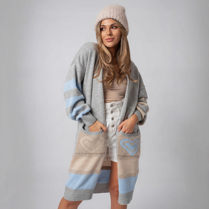 Damen Langärmliger Strickcardigan mit herzförmigen Taschen und modernem Farbblocking Drune