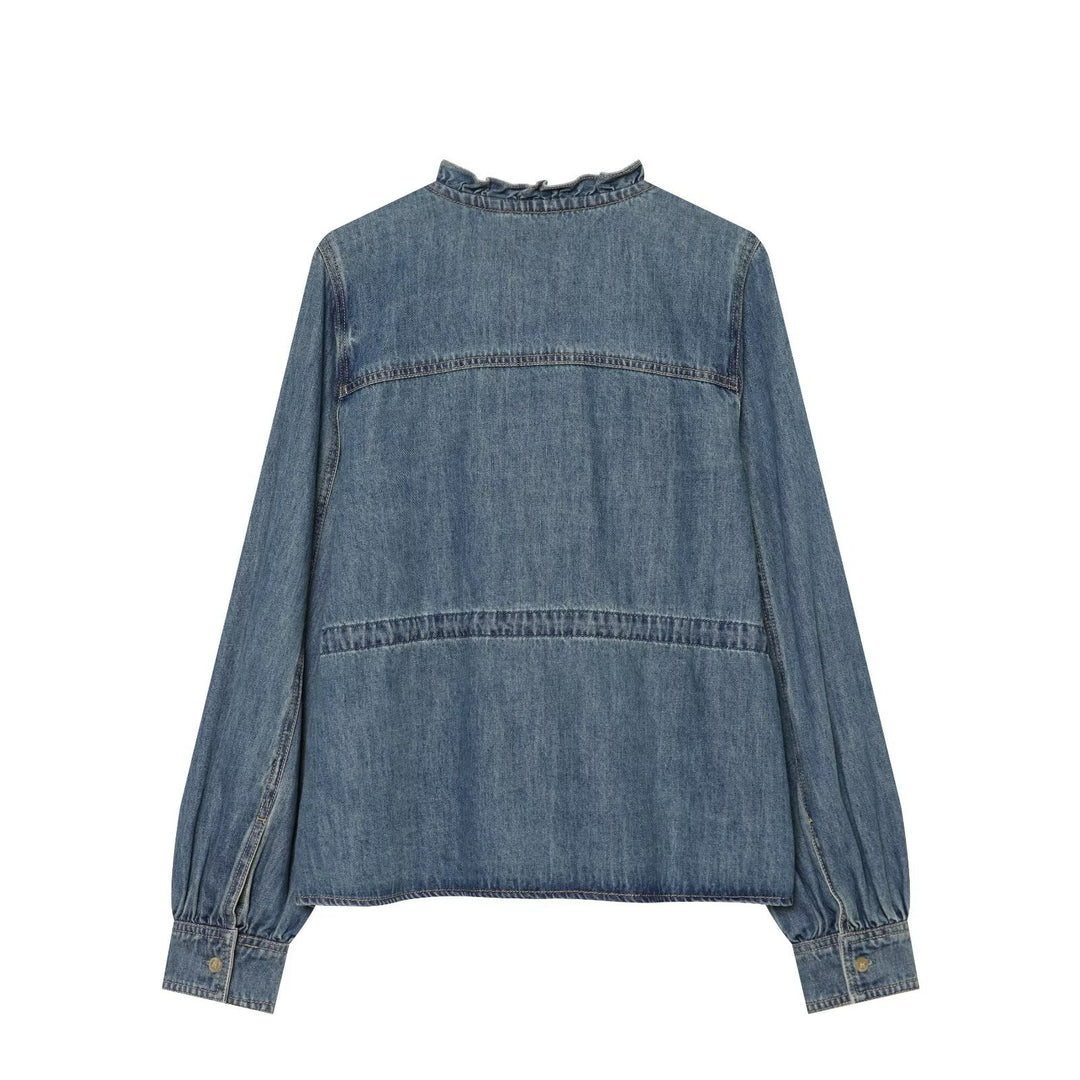 Damen Jeansbluse mit Volantknopfleiste, Tunnelzug‑Taillierung und Rüschkragen Drune