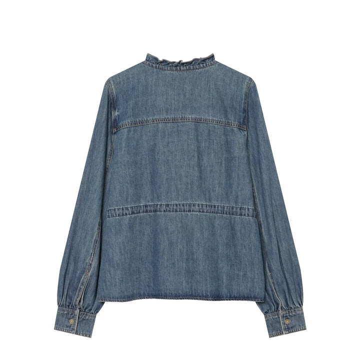 Damen Jeansbluse mit Volantknopfleiste, Tunnelzug‑Taillierung und Rüschkragen Drune
