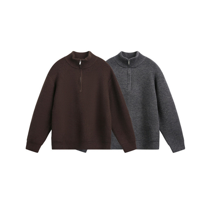 Unisex Grobstrick-Pullover mit halbem Reißverschluss und Stehkragen Drune
