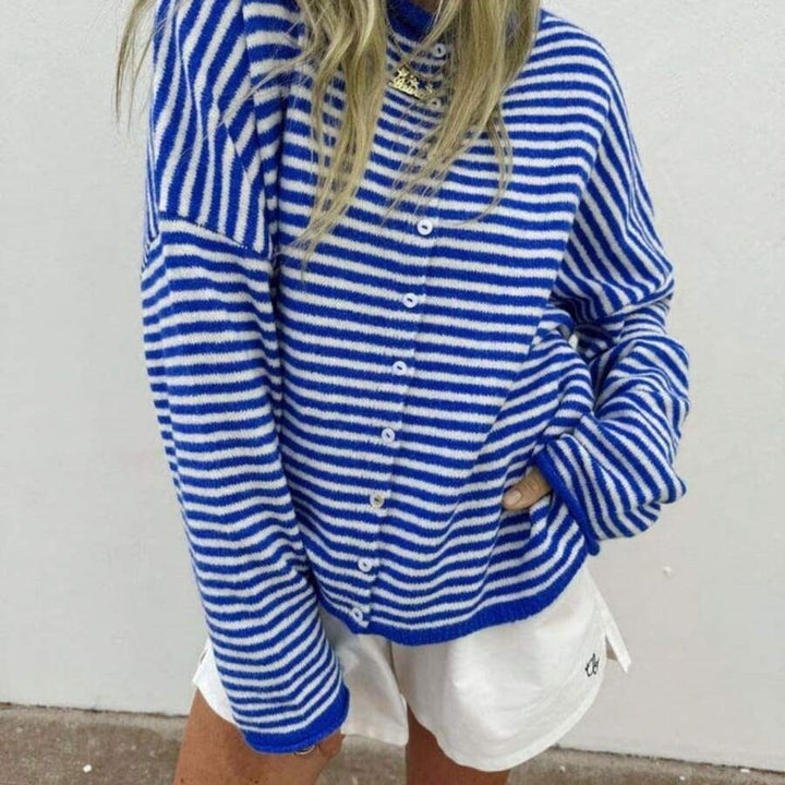Damen Gestreifter Oversize Strickcardigan mit Knopfleiste und maritimem Look Drune