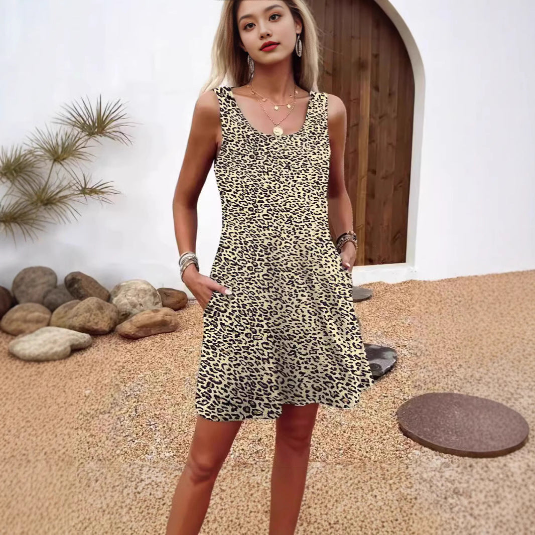 Damen lässiges Sommerkleid mit Federmuster und praktischen Seitentaschen Drune