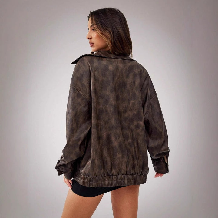 Damen Sportliche Oversized-Lederjacke mit praktischen Taschen und elastischem Saum Drune
