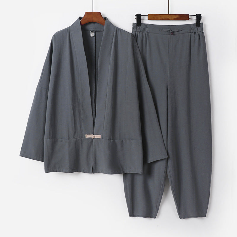 Herren Zen-Relax-Set mit offener Kimono-Jacke, dekorativem Knebelverschluss und tapered Harem-Joggpants Drune